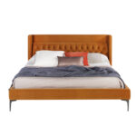 Upholstered bed upholstered in velvet fabric with polished steel legs