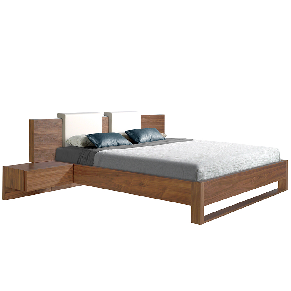 Walnut wood bed with integrated bedside tables