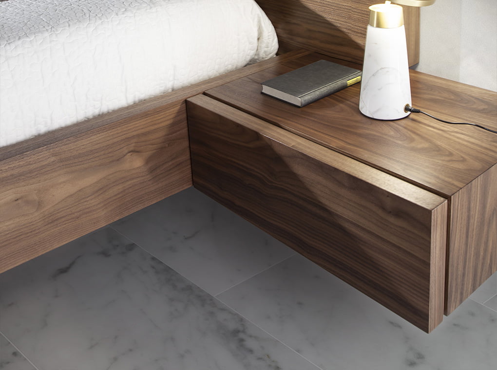 Walnut wood bed with integrated bedside tables