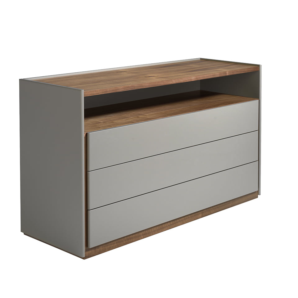 Chest of drawers in walnut wood and lacquered MDF