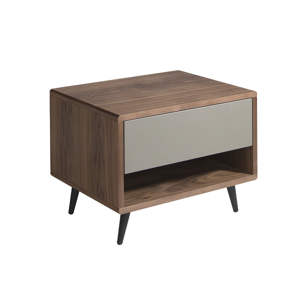 Bedside table in walnut wood and matt lacquered MDF drawer.