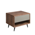 Bedside table in walnut wood and matt lacquered MDF drawer.