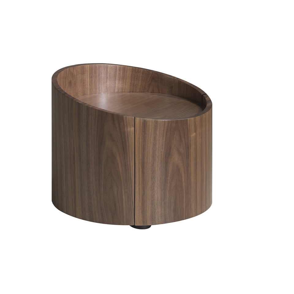 Round bedside table in walnut wood.