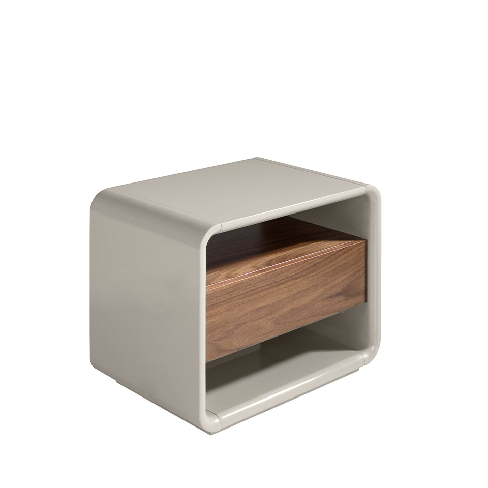 Bedside table in walnut wood and lacquered MDF