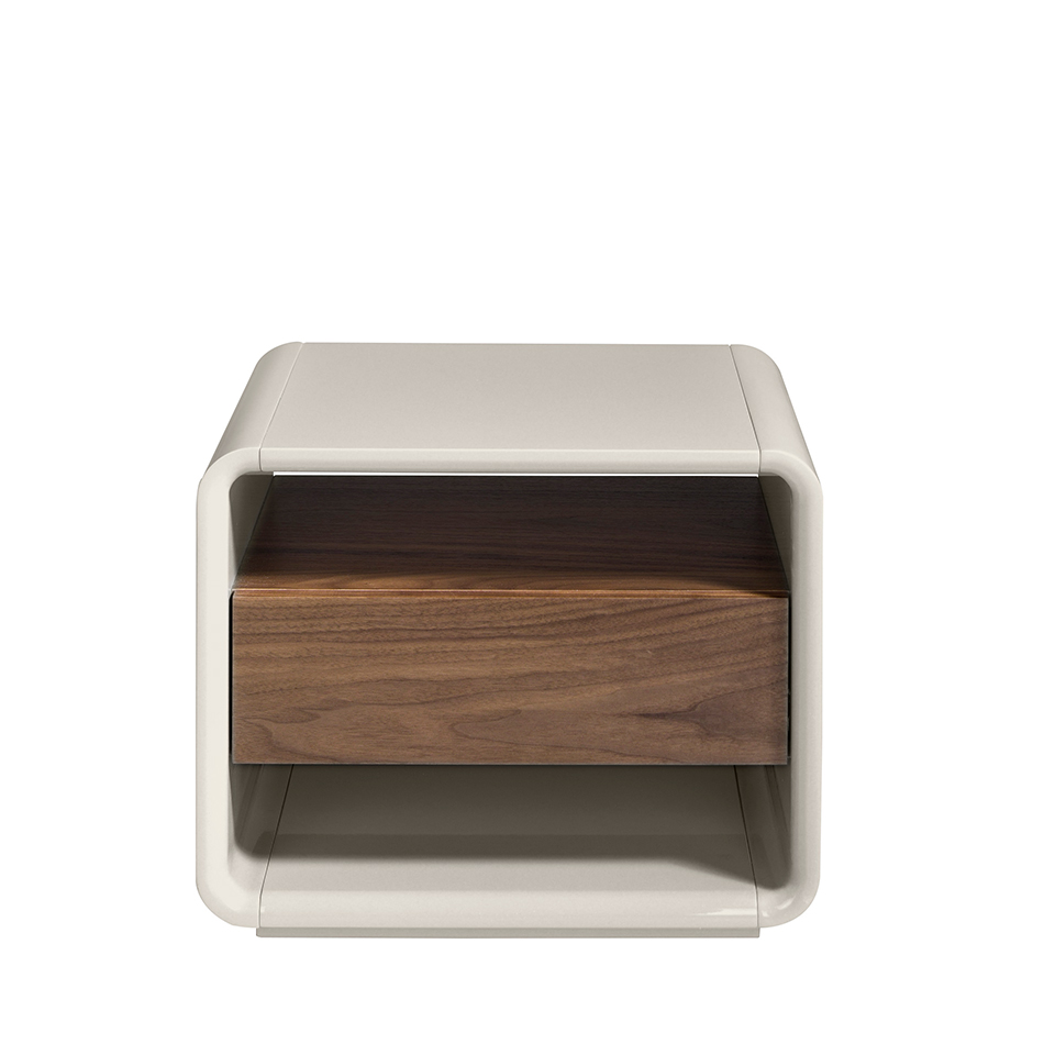 Bedside table in walnut wood and lacquered MDF