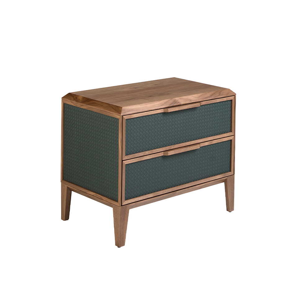 Dark green pvc and walnut bedside table