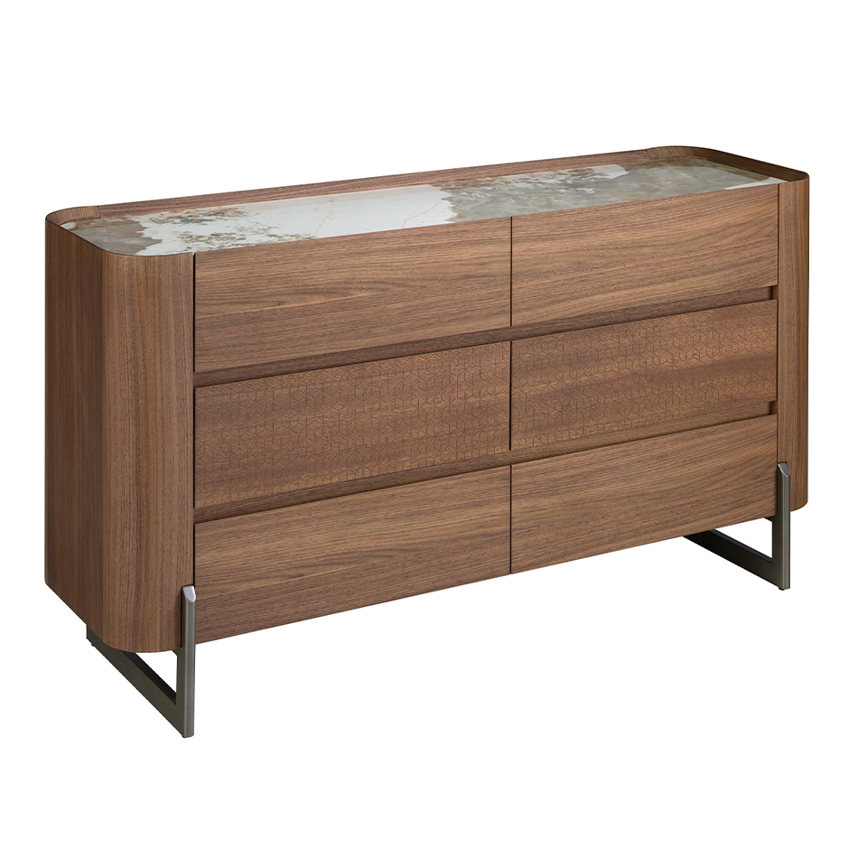 Chest of drawers walnut and metallic dark steel with porcelain marble top