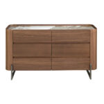 Chest of drawers walnut and metallic dark steel with porcelain marble top