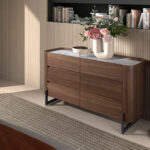 Chest of drawers walnut and metallic dark steel with porcelain marble top