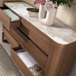 Chest of drawers walnut and metallic dark steel with porcelain marble top