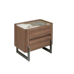 Walnut and metallised dark steel bedside table with porcelain marble top