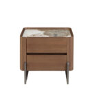 Walnut and metallised dark steel bedside table with porcelain marble top