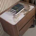 Walnut and metallised dark steel bedside table with porcelain marble top