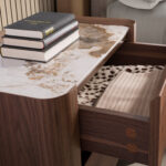 Walnut and metallised dark steel bedside table with porcelain marble top