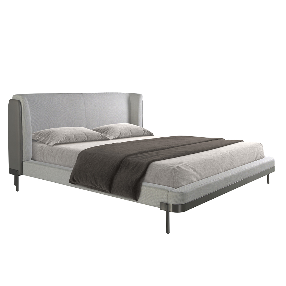 Lit en tissu gris clair et croûte de cuir gris foncé