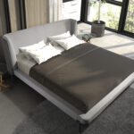 Light grey fabric and dark grey leatherette bed