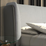 Light grey fabric and dark grey leatherette bed