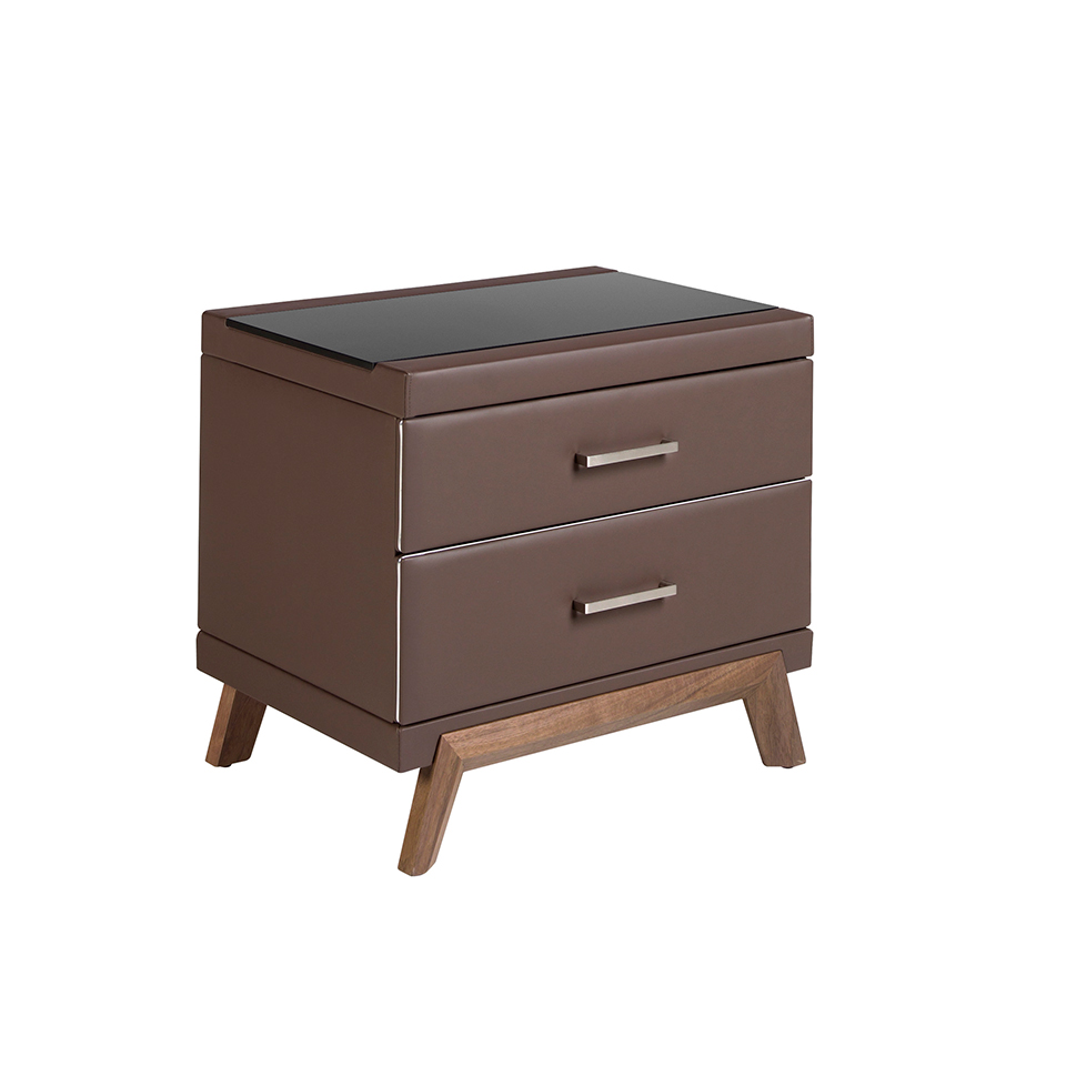 Leatherette bedside table, walnut with black glass top