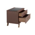 Leatherette bedside table, walnut with black glass top