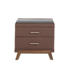 Leatherette bedside table, walnut with black glass top