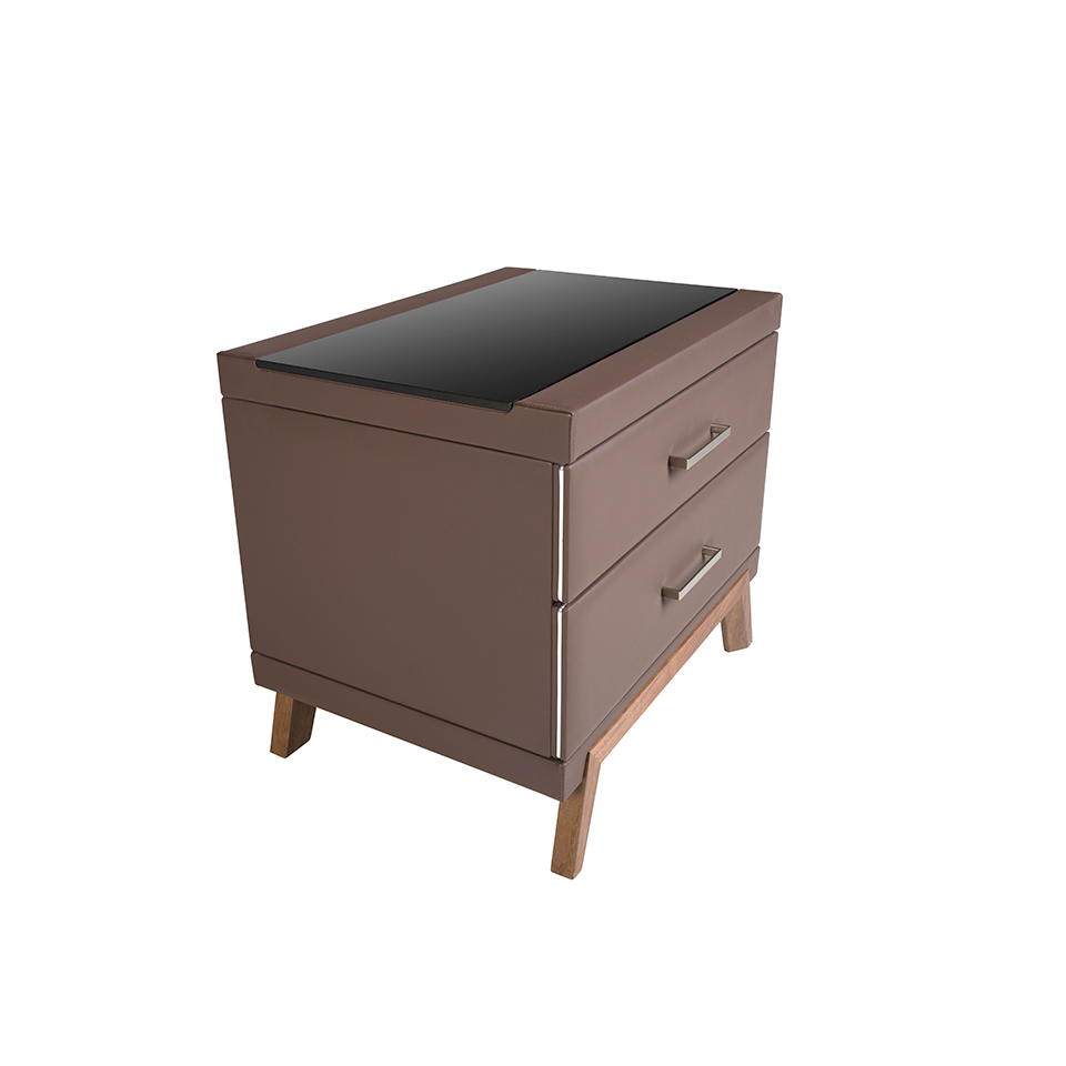 Leatherette bedside table, walnut with black glass top