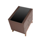 Leatherette bedside table, walnut with black glass top