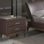 Leatherette bedside table, walnut with black glass top