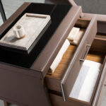 Leatherette bedside table, walnut with black glass top