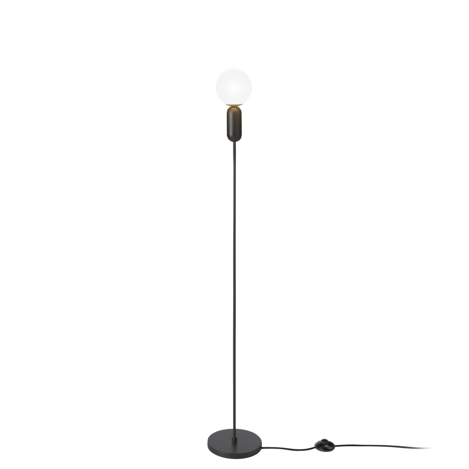Floor lamp made of black stainless steel and white tinted glass bulb