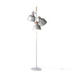 Lampadaire avec trois abat-jour multidirectionnels en acier inoxydable peint en époxy gris et détails en bronze