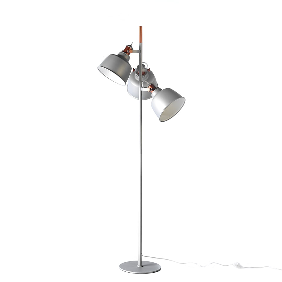 Stehleuchte mit drei multidirektionalen Lampenschirmen aus rostfreiem Stahl mit grauer Epoxy-Lackierung und Bronzedetails
