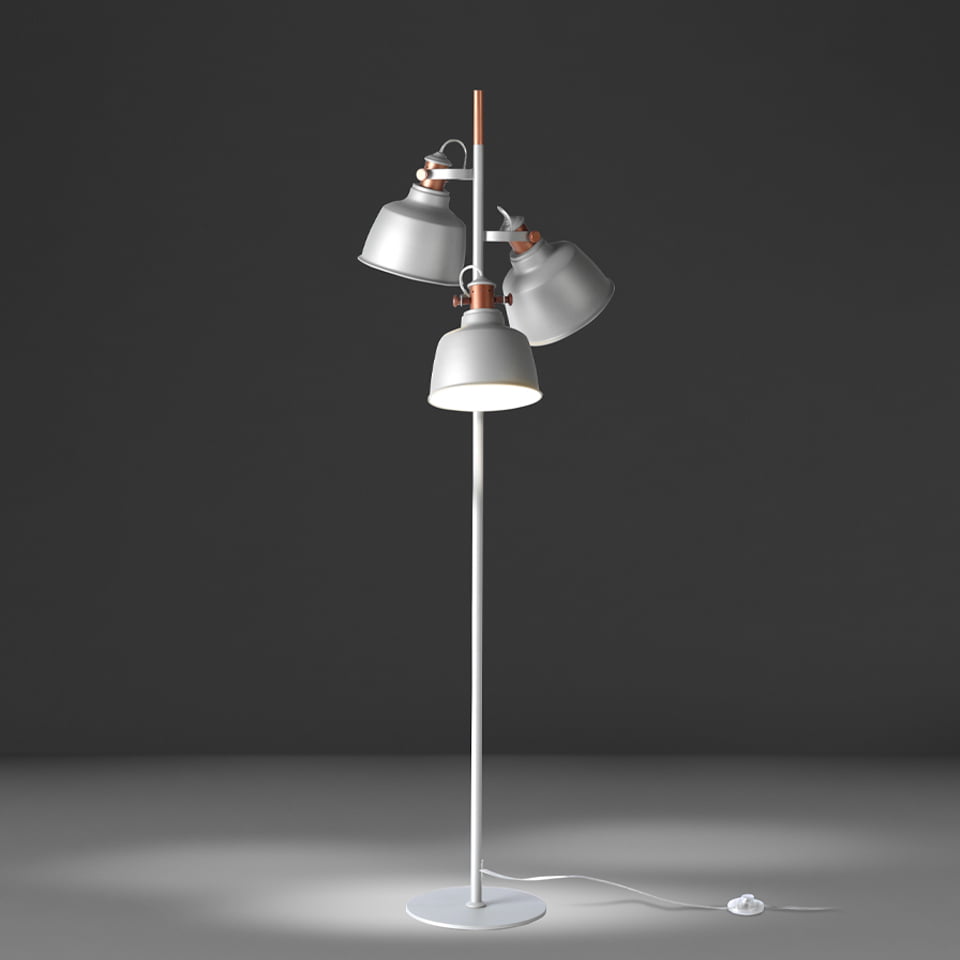 Напольный светильник с тремя разнонаправленными абажурами из нержавеющей стали, окрашенной серой эпоксидной смолой, и бронзовыми деталями
