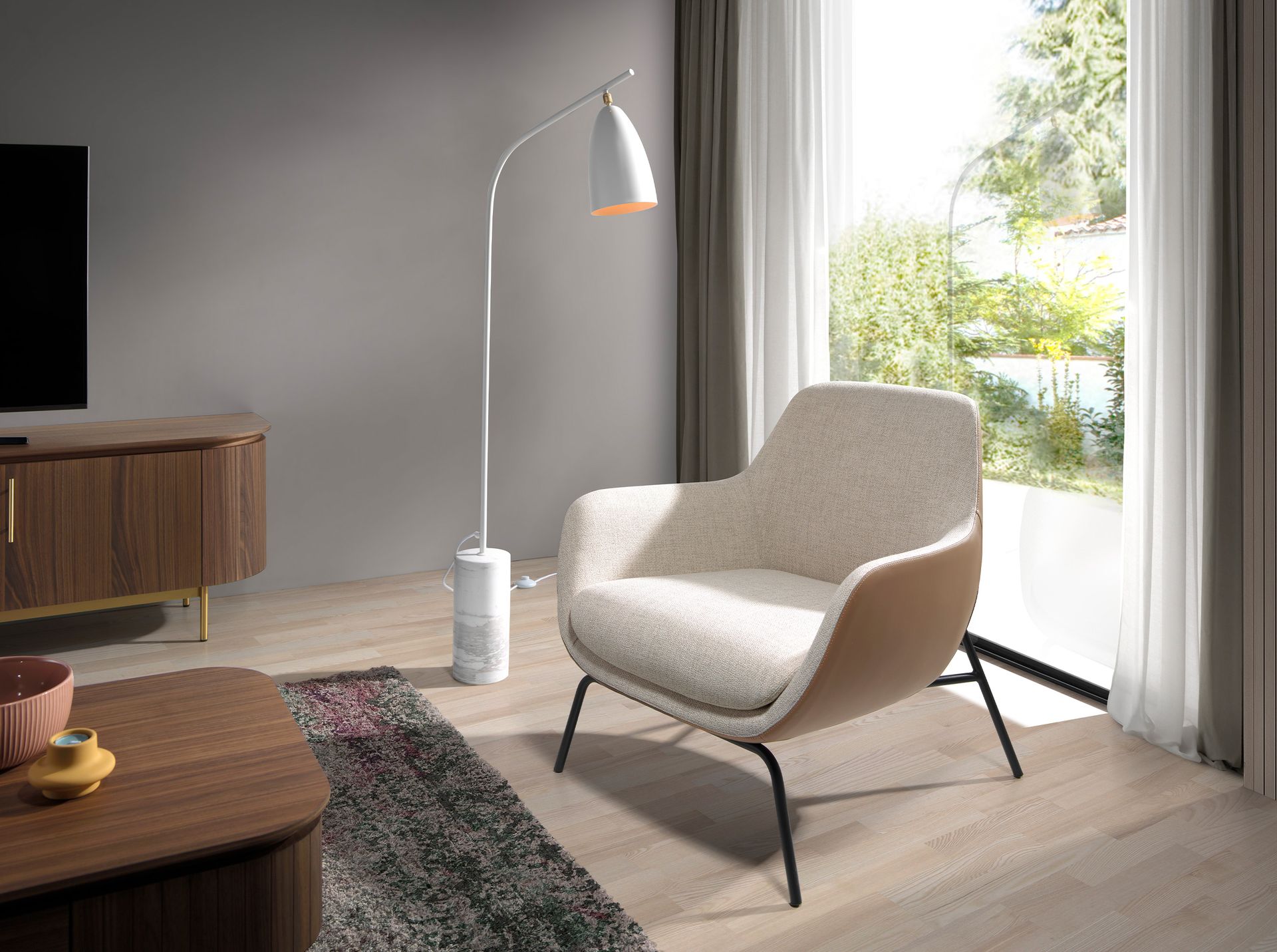Lámpara pie acero blanco con base de mármol porcelánico Lámpara pie acero blanco con base de mármol porcelánico