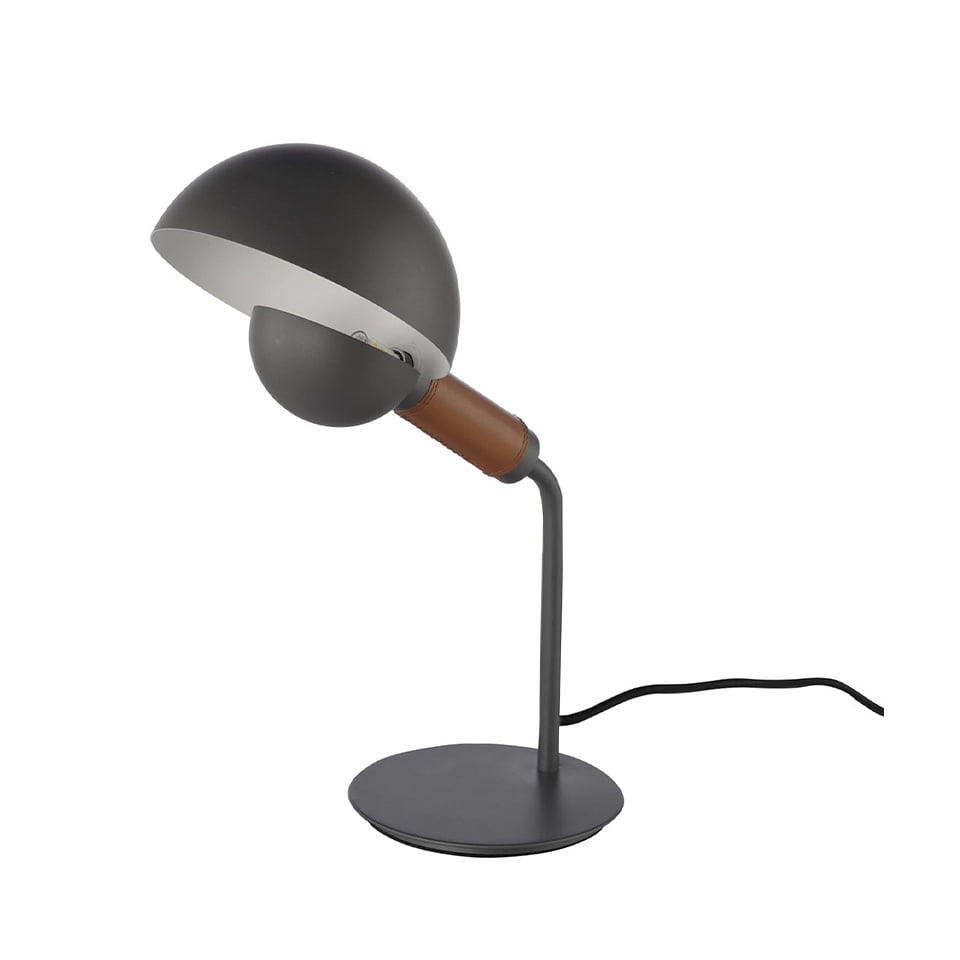 Lampe de table en acier gris anthracite et poignée en cuir