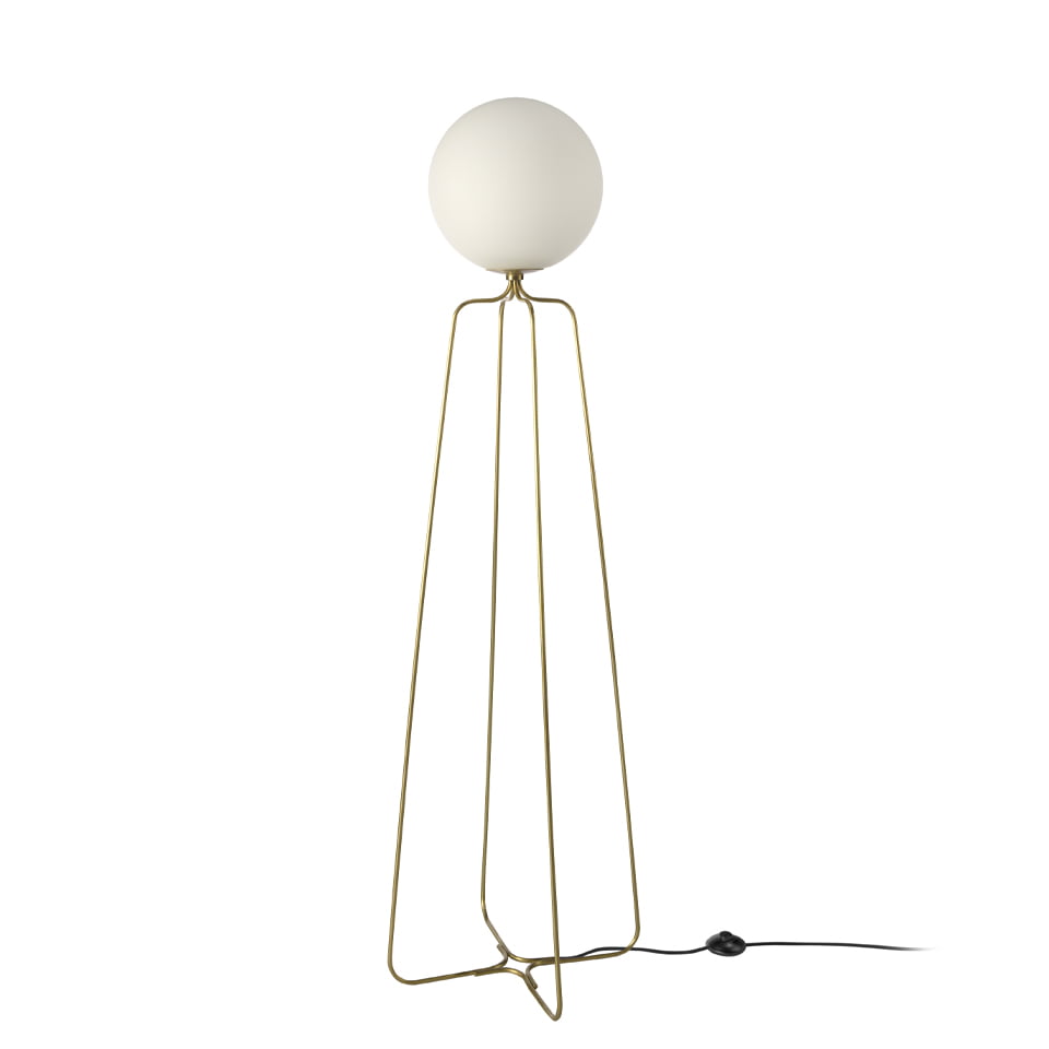 Floor lamp with base made of golden steel and white tinted glass bulb.