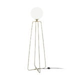 Floor lamp with base made of golden steel and white tinted glass bulb.