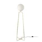 Floor lamp with base made of golden steel and white tinted glass bulb.