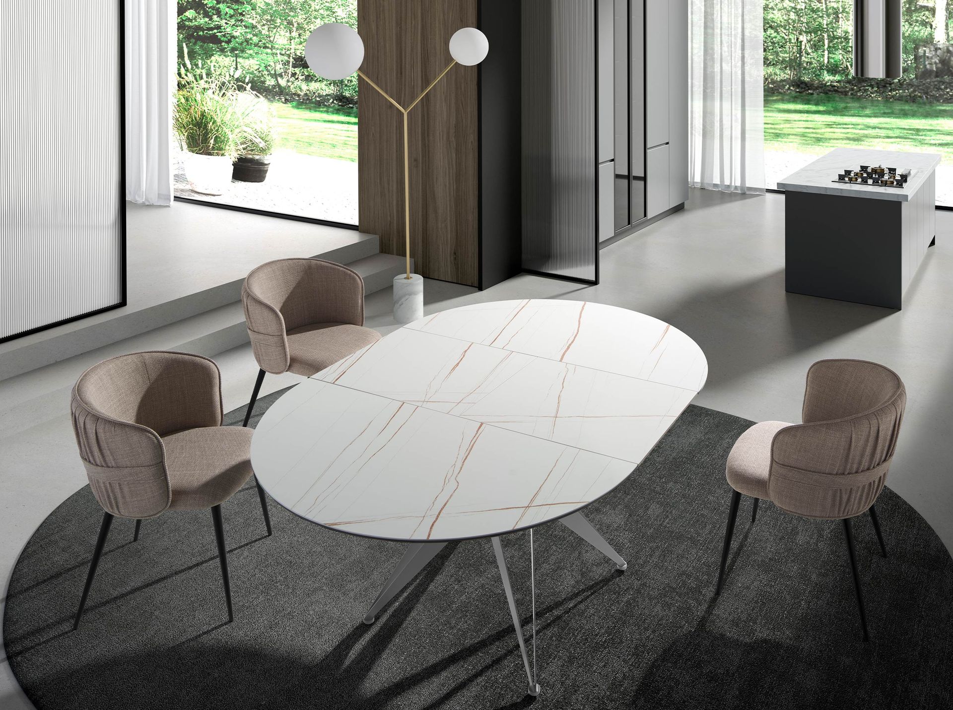 Lampadaire en marbre blanc, acier doré et verre blanc Lampadaire en marbre blanc, acier doré et verre blanc