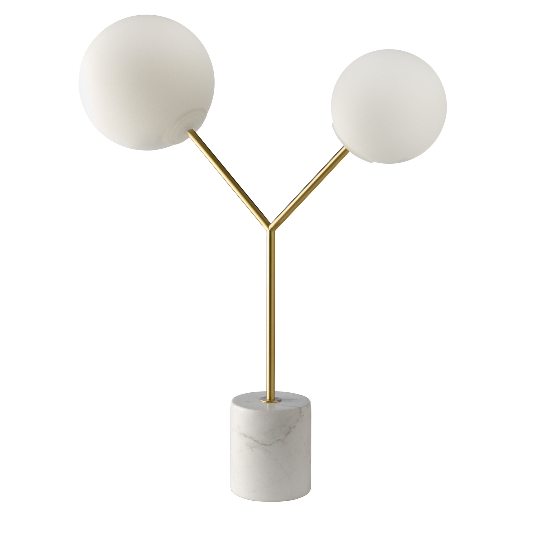 Lampe de bureau en marbre blanc, acier doré et verre blanc