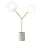 Lampe de bureau en marbre blanc, acier doré et verre blanc