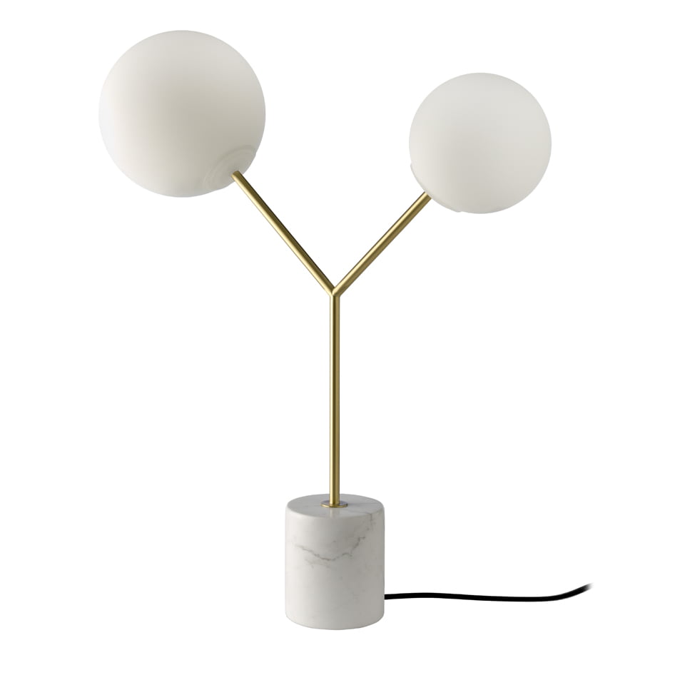 Lampe de table en marbre calacatta, acier doré et verre blanc