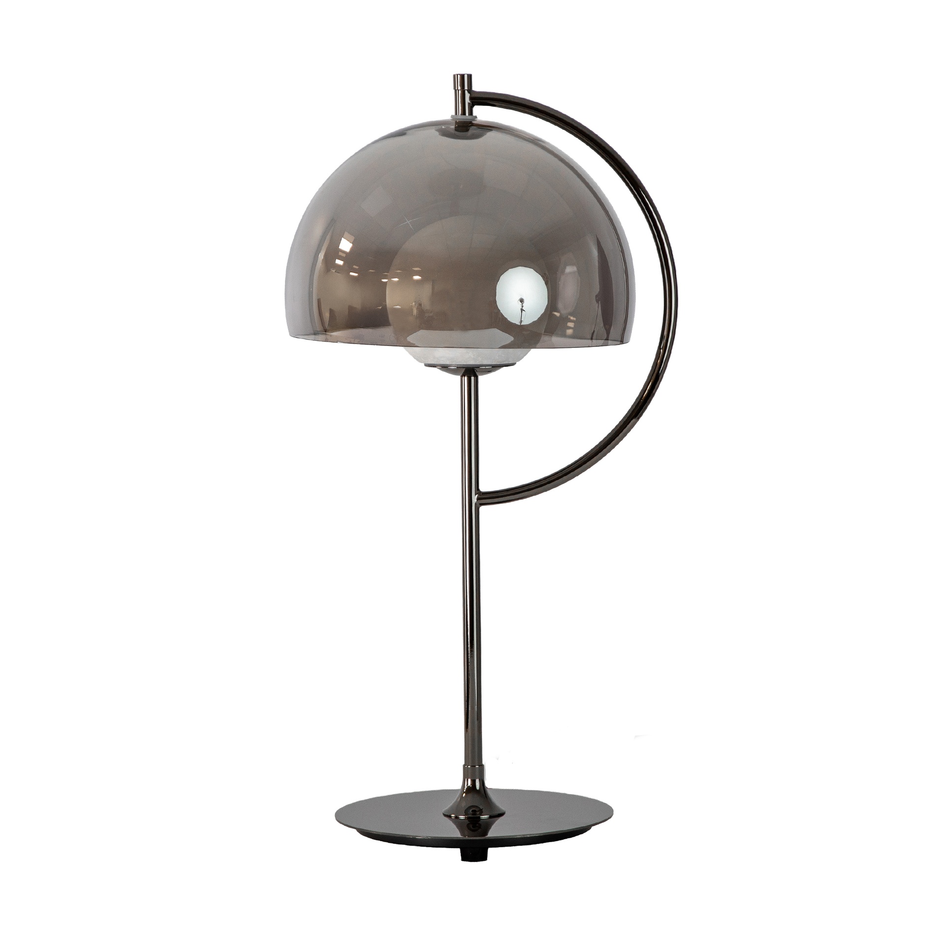LED table lamp with grey smoked mirror-effect glass shade and alabaster sphere LED table lamp with grey smoked mirror-effect glass shade and alabaster sphere