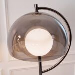 LED table lamp with grey smoked mirror-effect glass shade and alabaster sphere