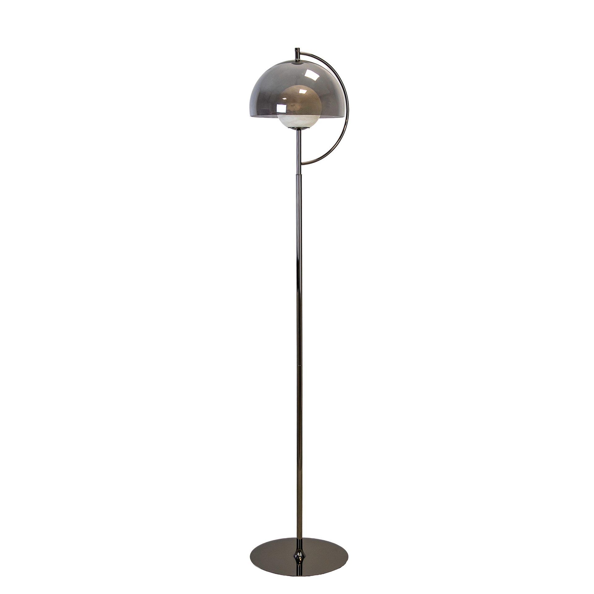 LED floor lamp with grey smoked mirror-effect glass shade and alabaster sphere LED floor lamp with grey smoked mirror-effect glass shade and alabaster sphere