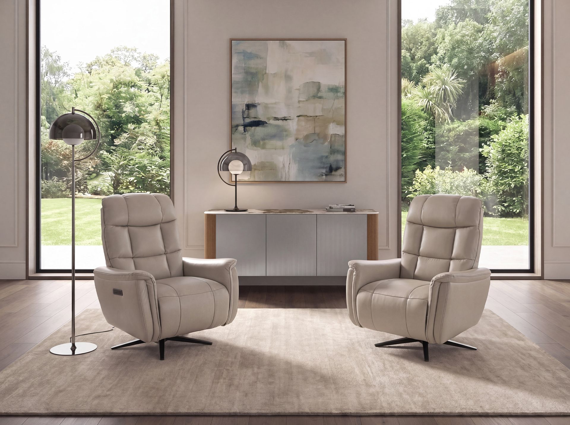 LED floor lamp with grey smoked mirror-effect glass shade and alabaster sphere LED floor lamp with grey smoked mirror-effect glass shade and alabaster sphere