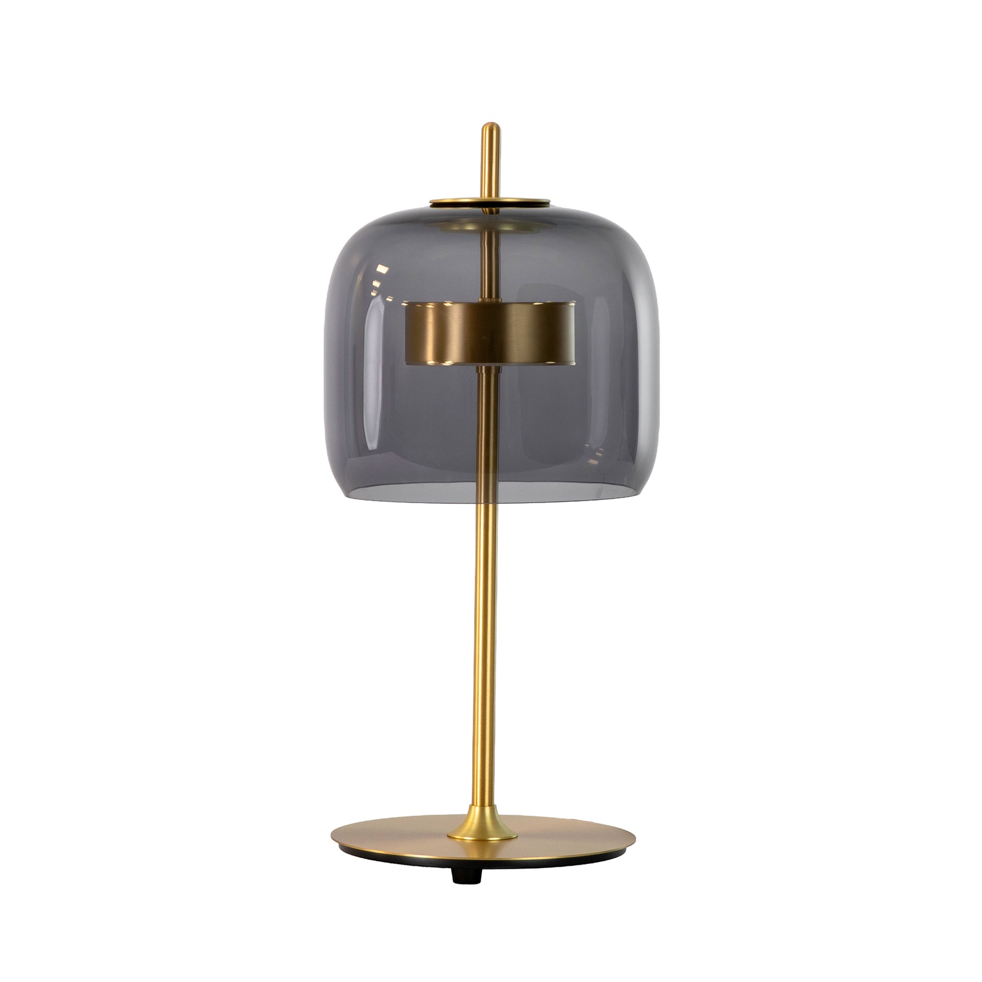 Black smoked glass and polished gold-coloured steel table lamp Black smoked glass and polished gold-coloured steel table lamp