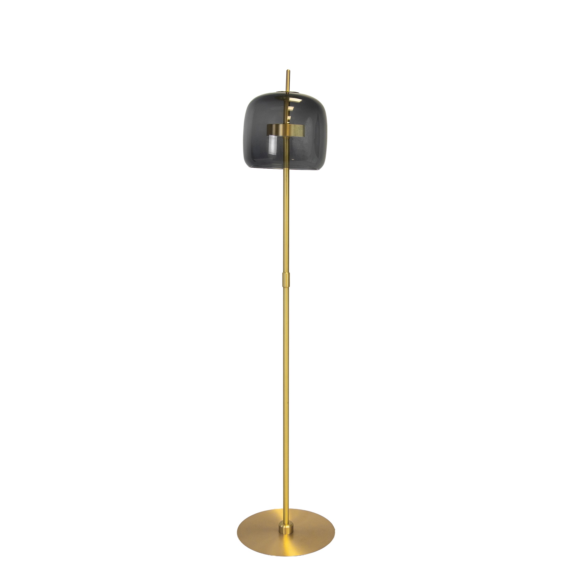 Black smoked glass and polished gold-coloured steel floor lamp Black smoked glass and polished gold-coloured steel floor lamp