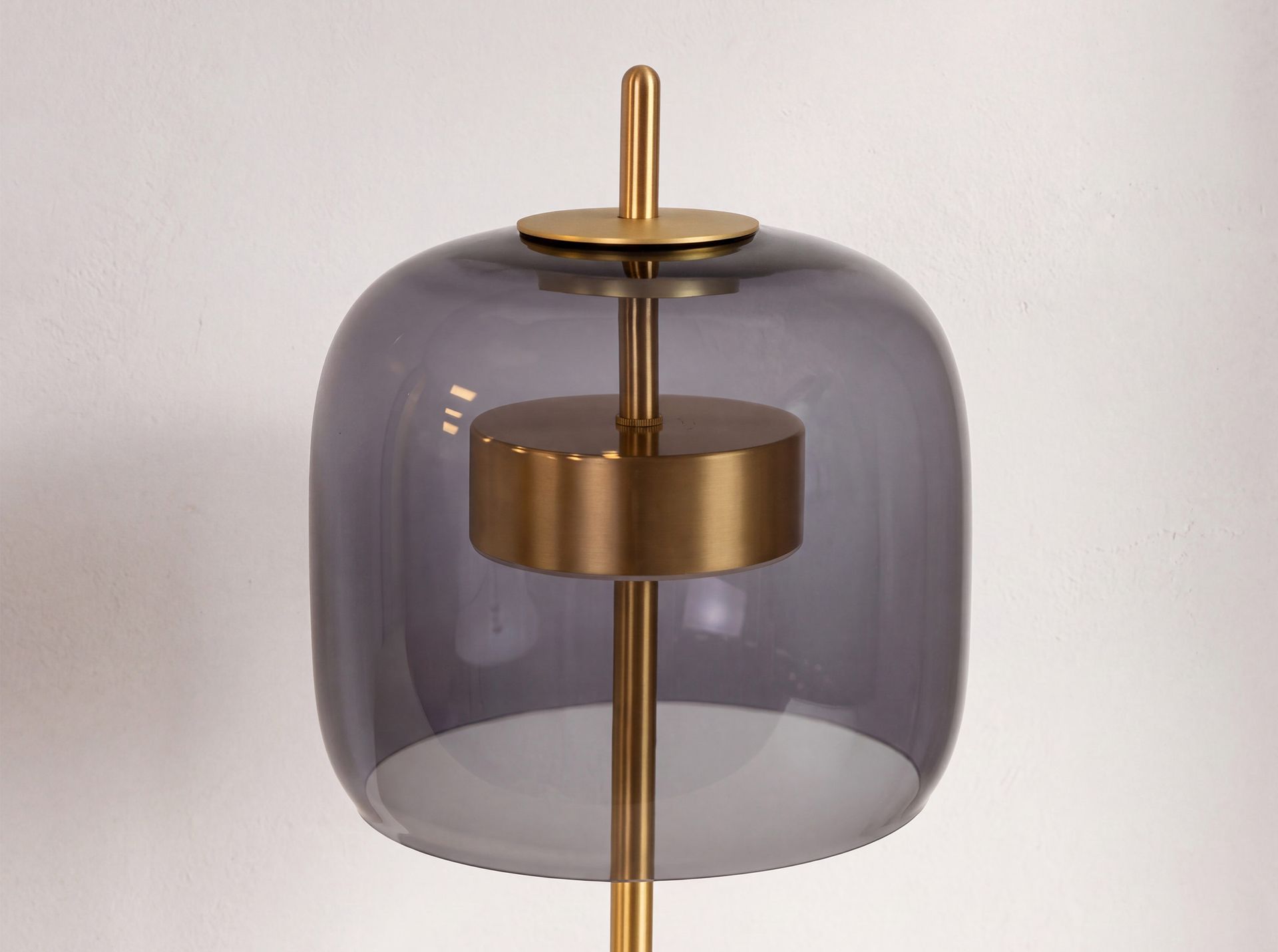 Black smoked glass and polished gold-coloured steel floor lamp Black smoked glass and polished gold-coloured steel floor lamp