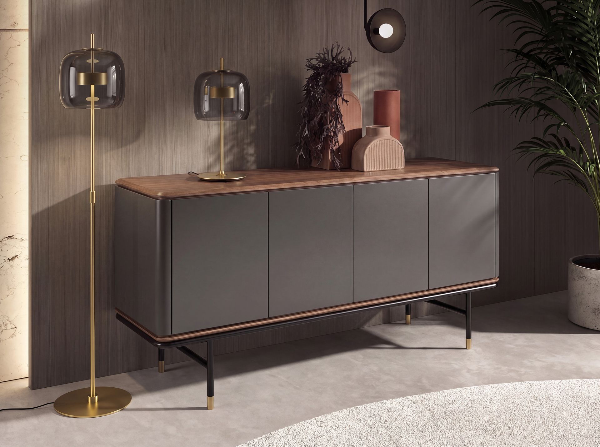 Black smoked glass and polished gold-coloured steel floor lamp Black smoked glass and polished gold-coloured steel floor lamp