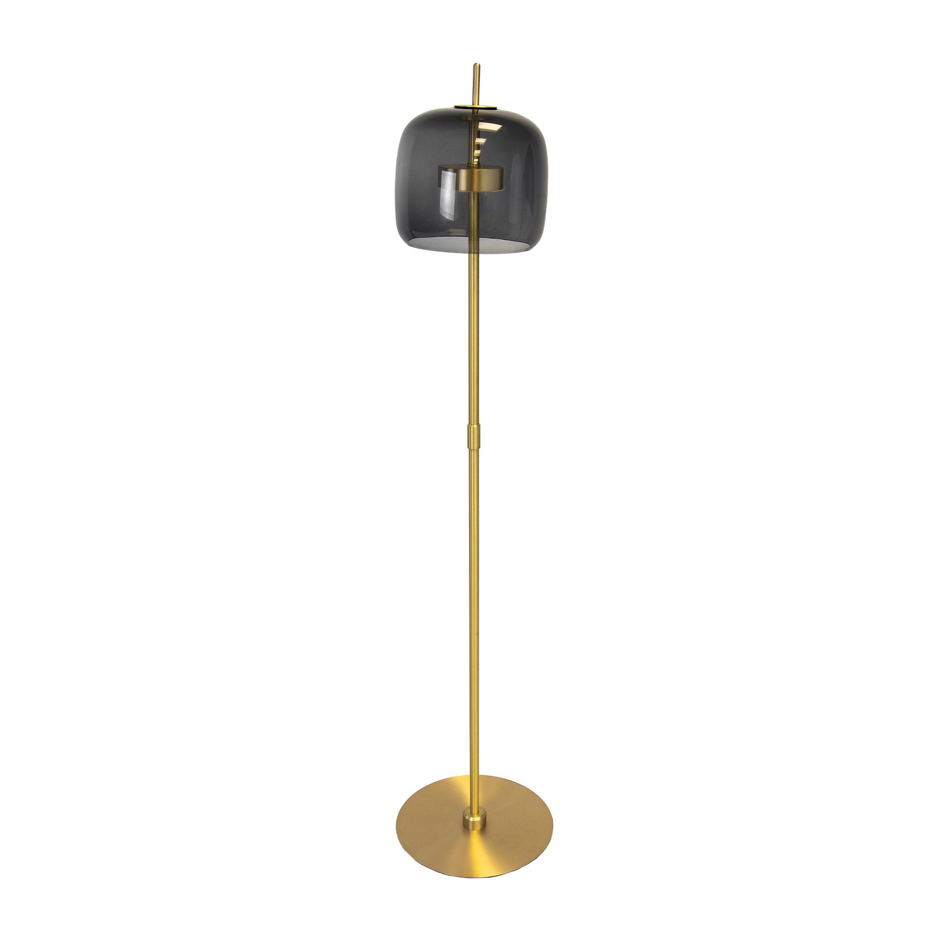 Black smoked glass and polished gold-coloured steel floor lamp Black smoked glass and polished gold-coloured steel floor lamp